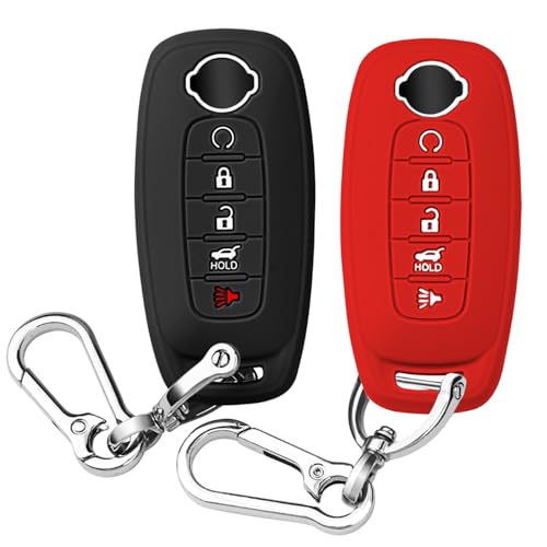 QBUC Key Fob Cover for Nissan, Car Key Fob Protector 5 Buttons Key Case Compatible with 2025 2024 2023 Pathfinder Rogue with Metal Keychain Remote Key Sentra Accessories (Black+Red, 5 Buttons)
