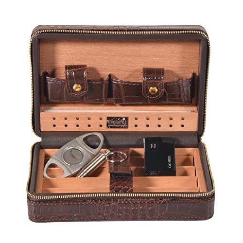 Volenx Portable Travel Leather Cigar Case, Cigar Humidor with Cigar Cutter and Lighter for 4 Cigars