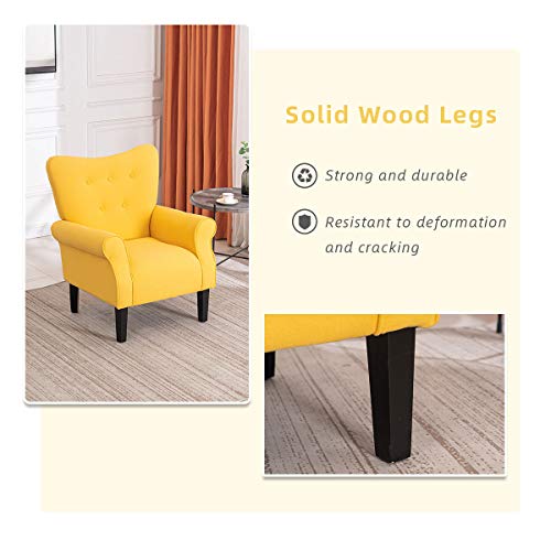 Yoleny Modern Accent Chair,High Back Armchair,Upholstered Fabric Button Single Sofa With Wooden Legs For Living Room,Bedroom,Club,Yellow #TOP5