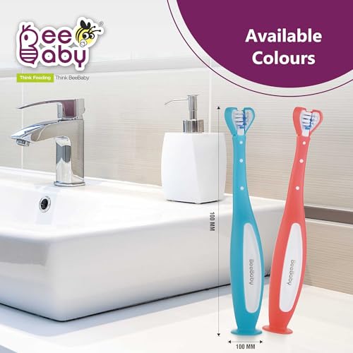 Image of BeeBaby Triple Angle Brush Buddy Toothbrush for Kids 3-6 Years. Suction Cup, 3 Side Super Soft Time to Change Indicator Bristles Ideal for Milk & Permanent Teeth. 100% BPA Free. Blue
