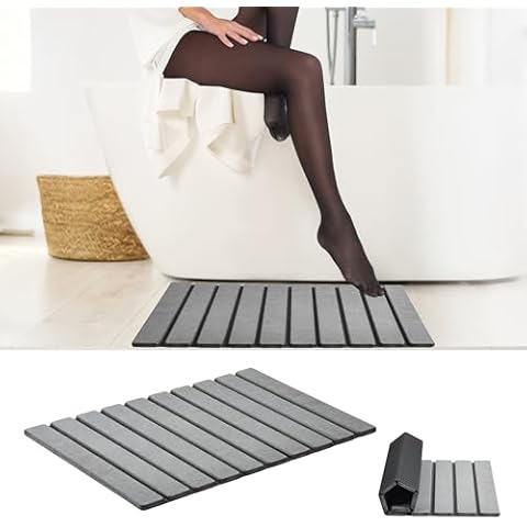 AWW Foldable Stone Bath Mat, Super Absorbent Diatomaceous Earth Mat, Non-Slip Quick Drying Mat, Compact and Easy to Store Bath Mats for Bathroom, Easy to Clean, Grey Cover