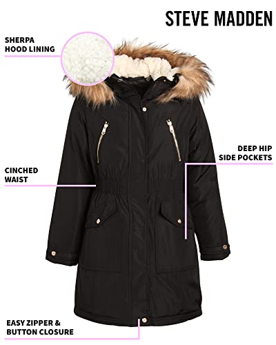 Steve Madden Girls’ Winter Coat - Anorak Puffer Parka Jacket, Fur-Trim Hood (7-16), Size 7/8, Jet Black #TOP1