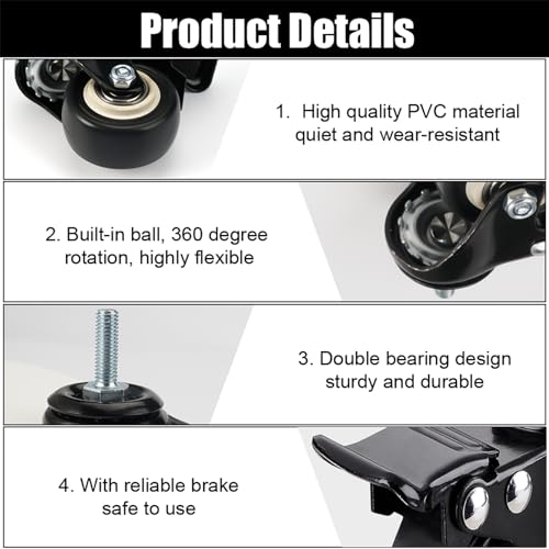 TESSTSY 4 Stück Rollen mit Bremse M8×25mm, Schwerlastrollen 50mm, Lenkrollen für Möbel, Möbelrollen Gewinde M8, Gummi Lenkrollen, Keine Spuren & Leise, für Geräte und Möbel, Tragkraft 210kg