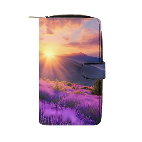 Lavender Flower Mountain Landscape Spring Womens PU Leather Wallet Long Purse Clutch Organizer for Office Travel
