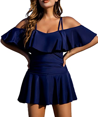 Image of COCOPEAR Women's One Piece Flounce Swimsuit Off Shoulder Bathing Suit Tummy Control Swimdress(FBA)