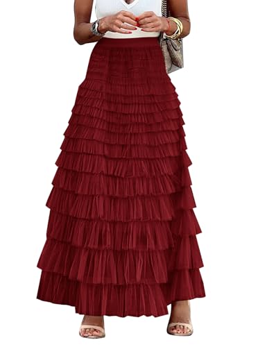 Flygo Women's Long Maxi Tulle Skirts A Line Ruffle High