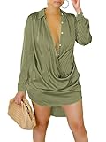 Vrtige Women's Satin Draped Cowl V Neck Button Ruched Long Sleeve Cocktail Mini Dress Army Green X-L