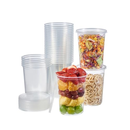 Jaluxing [42 Sets - 32 oz. Plastic Deli Food Storage Soup Togo Containers With Airtight Lids Clear Disposable Takeout Quart Container (Formerly FULING)