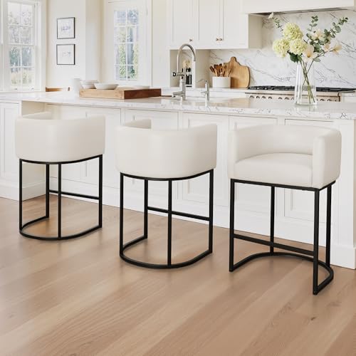 Image of LUE BONA 27 inch H Counter Height Bar Stools Set of 3, Modern Barrel Counter Stools with Backrest and Arms, Black Metal Frames, Faux Leather Upholstered Accent Barstools for Kitchen Island, Antique White