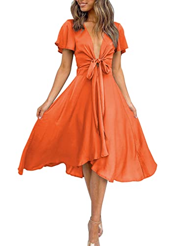 Image of miduo Womens Satin V Neck Ruffle Short Sleeve Tie Front High Waist Midi A-Line Maxi Dresses