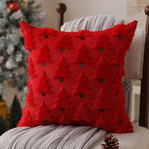 Image of Allorry Christmas Pillow Covers 20x20 inch Set of 2 Christmas Decorations Soft Plush Faux Fur Wool Red Christmas Tree Throw Pillow Cases Winter Holiday Decor for Sofa Living Room PT002B20