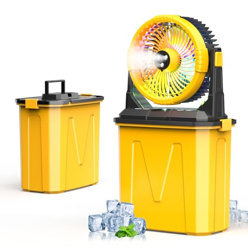 CCGIRU Ventilador nebulizador de camping con linterna LED de 20000 mAh, ventilador recargable con 3 salidas de pulverización grandes y gancho para colgar, 3 velocidades, ventilador de control remoto