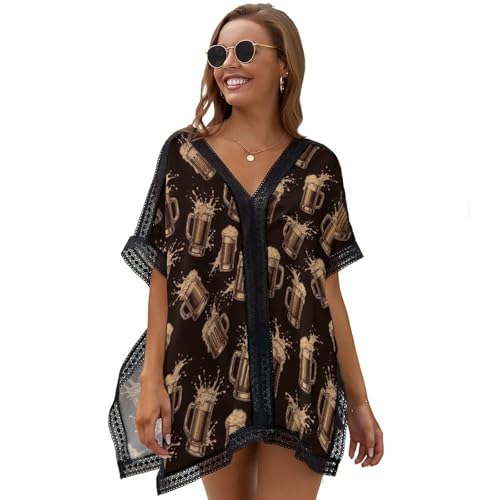 DGTXWIT Beach Swimsuit Cover Up for Women Beer Mug Splash Vintage Quick Dry Lightweight Bikini Cover, Loose Casual Tunic Top for Vacation