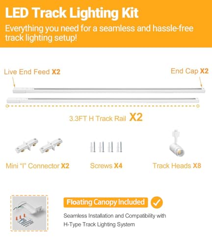 TuyuBEE Zoomable 8-Light LED Track Lighting Kit with 6.6FT H Track Lighting Rail & Floating Canopy Connector, Modern Kitchen Track Lighting Fixtures Ceiling Spotlight, 12W Track Heads 3000K White - Thumbnail 2