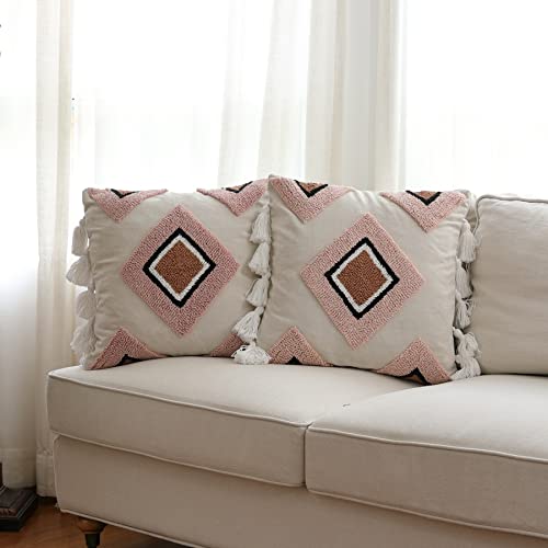 18 X 18 Inches Pack Of 2 Woven Tufted Boho Throw Pillow Cover, Modern Decorative Geometric Cushion With Tassels, Farmhouse Tribal Pillowcase For Couch Sofa Bedroom Living Room, Cream Blush Tan #TOP7