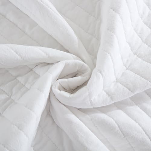 MarCielo 3-Piece 100% Cotton White Striped Quilt Set with Botanical Edge Embroidery TC(Sakura White,King(106" X 98"))