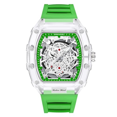 rorios Durchsichtig Tonneau Armbanduhren für Herren Analog Quarz Herrenuhren Mode Silikon Uhr Leuchtend Datum Kalender Uhr für Männer Grün