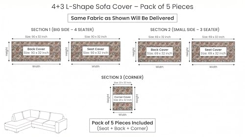Image of Luxury Sofa Cover L Shape 7 Seater - Ivory Moroccan Hexagon 4+3 Seater (7 Seater) Quilted Sofa Cover Set Pack of 5, Washable, Ivory Rust