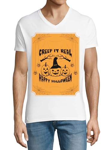 T-shirt Halloween homme col V en coton blanc pour soirée déguisée