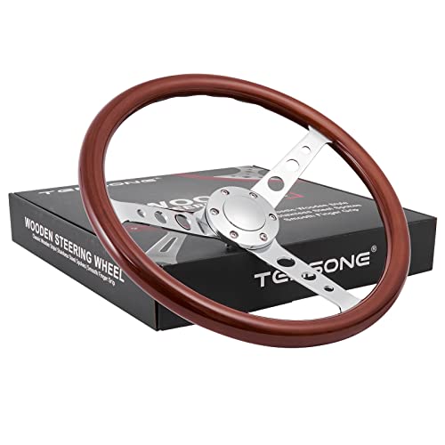Temsone 15" Inch Wood Steering Wheel Grain Billet Polished Spoke With 6 Bolts Horn Button Classic Vintage Nostalgia Style Finger Grip Wooden Steering Wheel Of 2.1" Deep Dish Universal (3 Holes) #TOP1