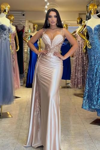 Mermaid Prom Dress for Women Satin Applique Formal Evening Dresses with Slit BO0152