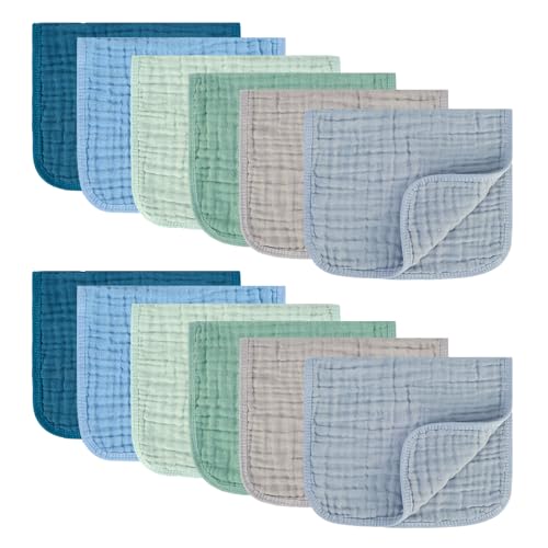 Image of MIGIOL Muslin Burp Cloths 100% Cotton Pack of 12. Soft, Gentle & Absorbent Baby Burp Cloths for Baby Girl & Boys.(Blue & Green 12 Pieces)