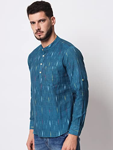 Image of Vastraa Fusion Men's Handloom Weaving Pure Cotton Short Kurta, Round Collar, Full Sleeves,Button Kurta, Ethnic Wear