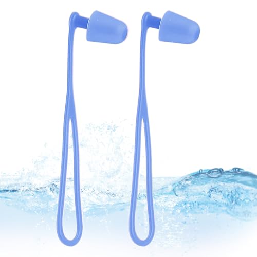Tapones para los oídos de natación, tapones de silicona para adultos, 3.82 x 0.98 pulgadas, impermeables, reutilizables y protección auditiva, 1 par con cordón para ducha, piscinas, buceo, surf y