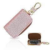 GAOLAOSY Bling Car Key Case, Leather Keyring Zipper Bag with Metal Hook, Remote Key Fob Cover, Auto Keychain Holder (Rose Gold)