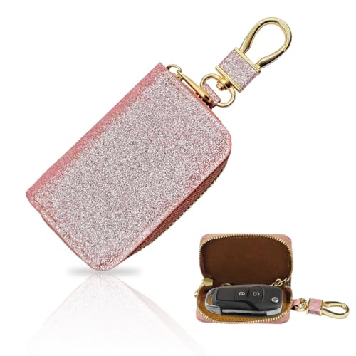 GAOLAOSY Bling Car Key Case, Leather Keyring Zipper Bag with Metal Hook, Remote Key Fob Cover, Auto Keychain Holder (Rose Gold)