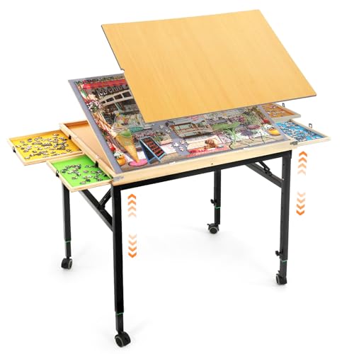 Solid Wood Puzzle Table with Drawers, Height Adjustable & Tilting
