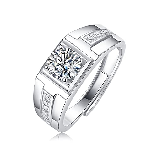 Moissanite CZ Zircon S925 Men's Engagement Ring, 1-2ct D Color VVS Clarity Round Brilliant Cut Lab Created Diamond Cubic Zirconia Classic 4 Prong Solitaire 925 Sterling Silver 18K Platinum Plated Promise Wedding Anniversary Band Size Adjustable with Certificate and Gift Box
