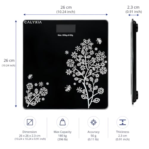 Image of Digital Weight Machine Scale 180kg Capacity, Tempered Glass Electronic Body Weight Machine with LCD Display, Auto On /Off, High Precision, Floral Black Design for Home Use