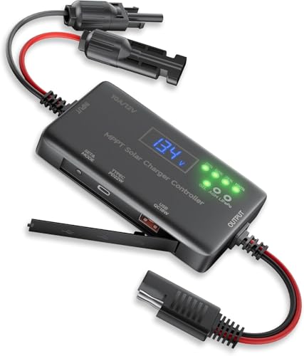 MPPT Solar Charge Controller 12V 10A, Solar Panel Charge Controller with Type-C and USB Output for Solar Panel and Gel, AGM, LiFePO₄ Battery