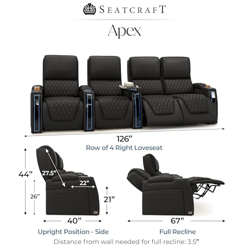 Image of Seatcraft Apex Black Italian Leather Home Theater Seating, Zero Gravity Power Recliner Chair, Powered Headrest and Lumbar Gaming and Lounge Sofa Furniture for Cinema Room, Row of 4 Right Loveseats