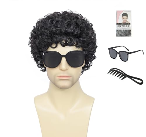 Image of Men's Short Disco Afro Curly Wig 70s 80s, Vintage Fluffy Kinky Curly Wig for Cosplay Halloween Party (Black)