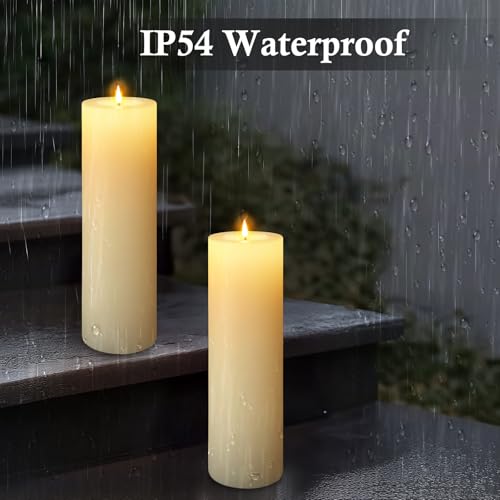 Image of 4 Pack 14 inch x 4 inch Large Outdoor Candles, Waterproof Flickering LED Flameless Candles with Timer, Battery Operated Candles with Remote Control Realistic Fake Pillar for Patio Porch Lanterns, Ivory