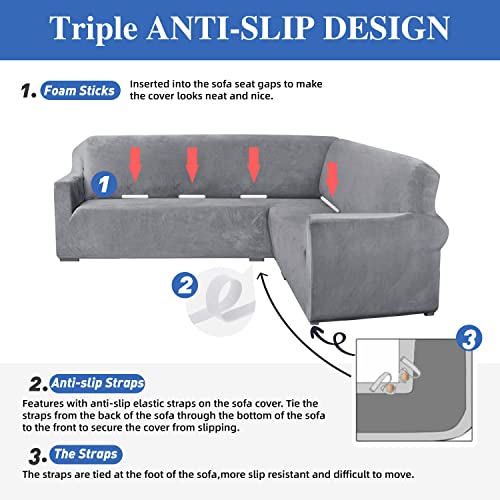 Aliecom Velvet Corner Sectional Couch Covers L Shaped Sofa Cover For Dogs Stretch Soft Thick Plush U Shape Sofa Slipcovers Living Room Anti Slip Pet Friendly Furniture Protector (Light Gray, Large) #TOP2