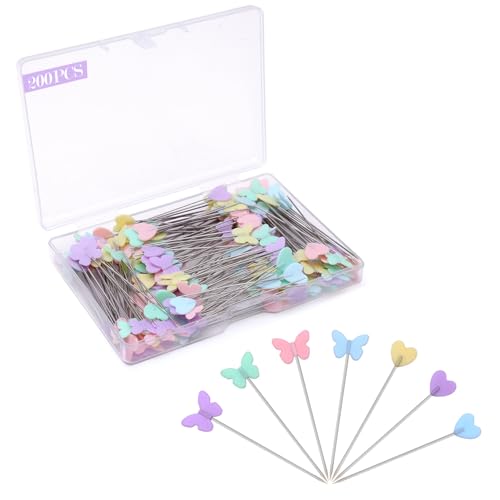 200pcs Straight Flat Head Sewing Pins with Colorful Butterfly and Love Heart Head, 2.16inch Quilting Pins for Crafts Making, Dressmaker, Sewing Fabric Project and DIY Decoration