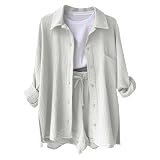 Generisch Blusa de muselina para mujer, blusa de lino, elegante, holgada, para verano, ligera, monocolor, camiseta de manga larga, camisa de lino, tallas grandes, túnicas sueltas con botones y