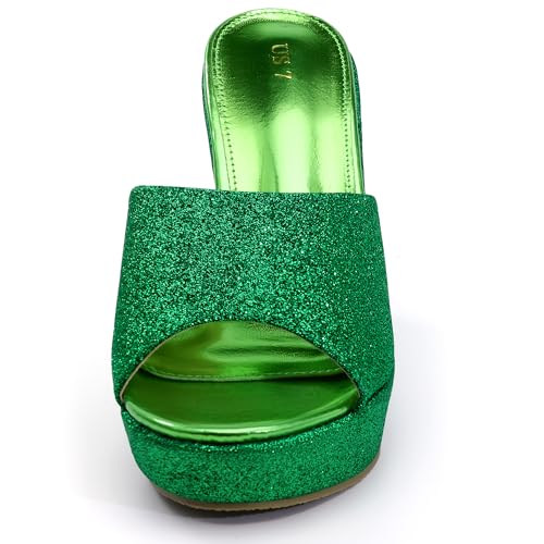 Allegra K Allegra K Women's Glitter Platform Slip on Wedge Heels Green Sandals 6.5 m US