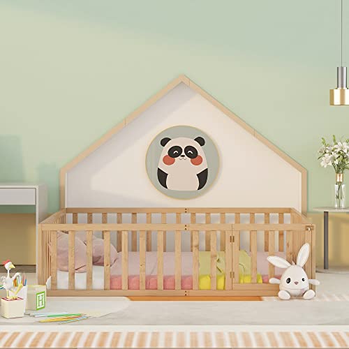 Aocoroe Queen Size Montessori Bed Floor Bed Frame With Rails And Door. Floor Height Wood Queen Bed Frame For Boys And Girls, #TOP2