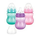 Nuby ワイドネック ノンドリップボトル - アンチコリックバリフロバルブ付き哺乳瓶 - (3パック) 8オンス - 0か月以上 - アクア、ピンク、パープル