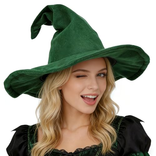 NTIERA 18 Inch Wide Brim Witch Hat for Women Adults Soft Pointed Wizard hat Halloween Costumes Witch Costume Women Wicked Black Elphaba Hat for Party and Stage (Green)