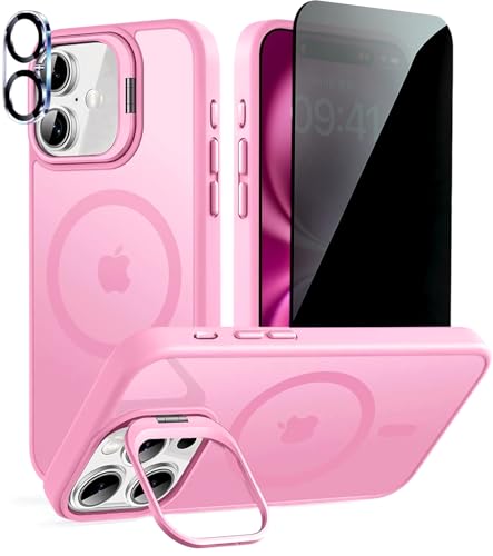 TXXO Magnetic for iPhone 16 Plus Case Stand with Privacy Screen & Camera Lens Protector Compatible with Magsafe 10FT Drop Translucent Matte Bumper Shockproof Phone Case for iPhone 16 Plus 6.7" - Pink