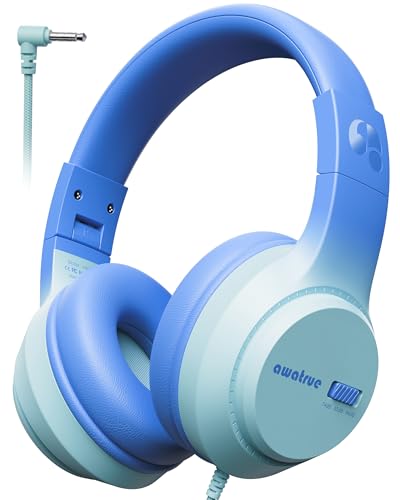 awatrue Casque Audio Enfant, 74/85/94dB Volume Sécurisé Casque Filaire Enfant, Son Stéréo, Pliable, 3.5 mm Jack Over Ear Casque pour Enfants pour Ipad/Voyage/Tablette/Téléphone (Bleu)