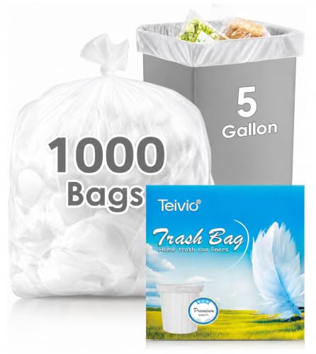 Image of Teivio 5 Gallon 1000 Counts Medium Trash Bags Garbage Bags, Bathroom Trash Can Bin Liners, Plastic Bags for home office kitchen, Clear