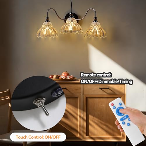Image of camuucci Battery Bathroom Light Fixtures 10000mAh Rechargeable 3-Light Black Modern Vanity Lights Indoor Not Hardwired with Remote Control Wall Sconce for Mirror Living Room Bedroom(Bulbs Included)