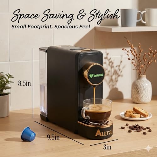 Image of Aura Coffee Pod Machine 19 Bar Espresso Maker, Nespresso Compatible Coffee Machine for Espresso, Cappuccino Coffee, Quick Pod Coffee Maker, Compact Black