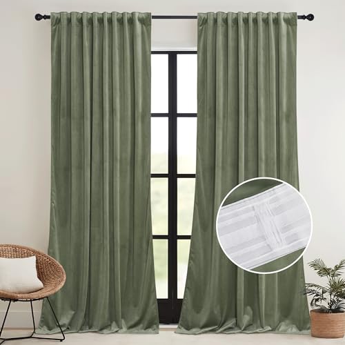 Image of RYB HOME Extra Long Velvet Curtains 120 inches Long, High Ceiling Curtains for Living Room Bedroom Sliding Glass Door, Sage Green, W 52 x L 120, 2 Panels Set | Thermal Insulated, Room Darkening, Luxury Decor for Villa Room Large Sliding Patior Door, Sage Green, W52 x L120, 2 Panels